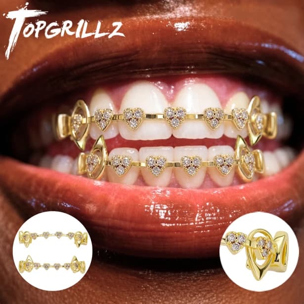 TOPGRILLZ Hollow Heart Fang Grillz Set Micro Pave CZ Top Bottom Bar Lightweight Y2K Couple Grills Men Women