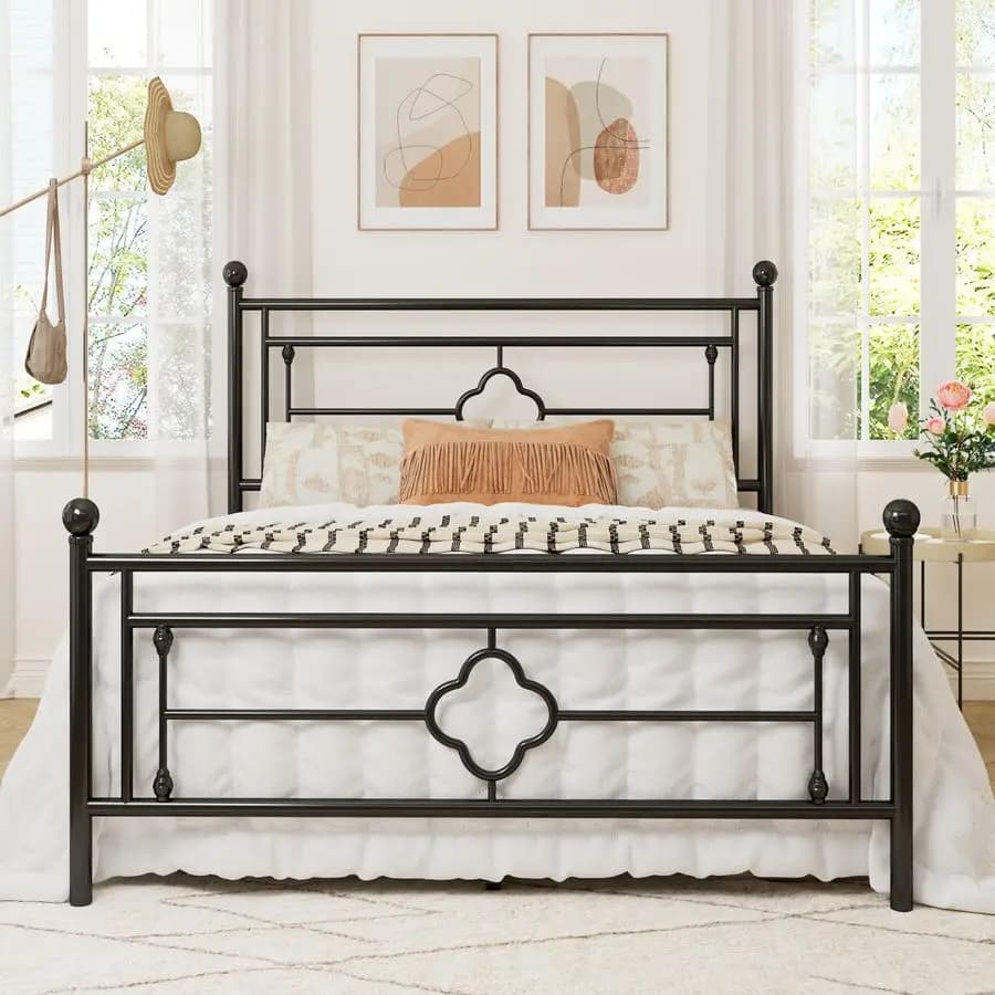 Metal double bed base with headboard and footboard in vintage Victorian style, with container under the bed, without box.