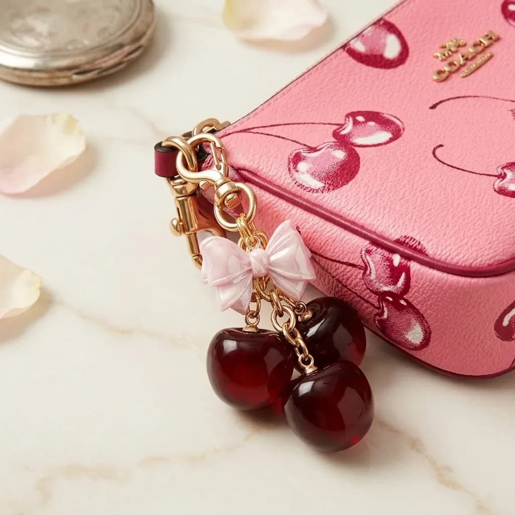 Sweet Glossy Bowknot Triple Cherry Bag Keychain Gradient Red Resin Cherry Pendant Fashion Designer Handbag Decor Key Ring Gift For Girls