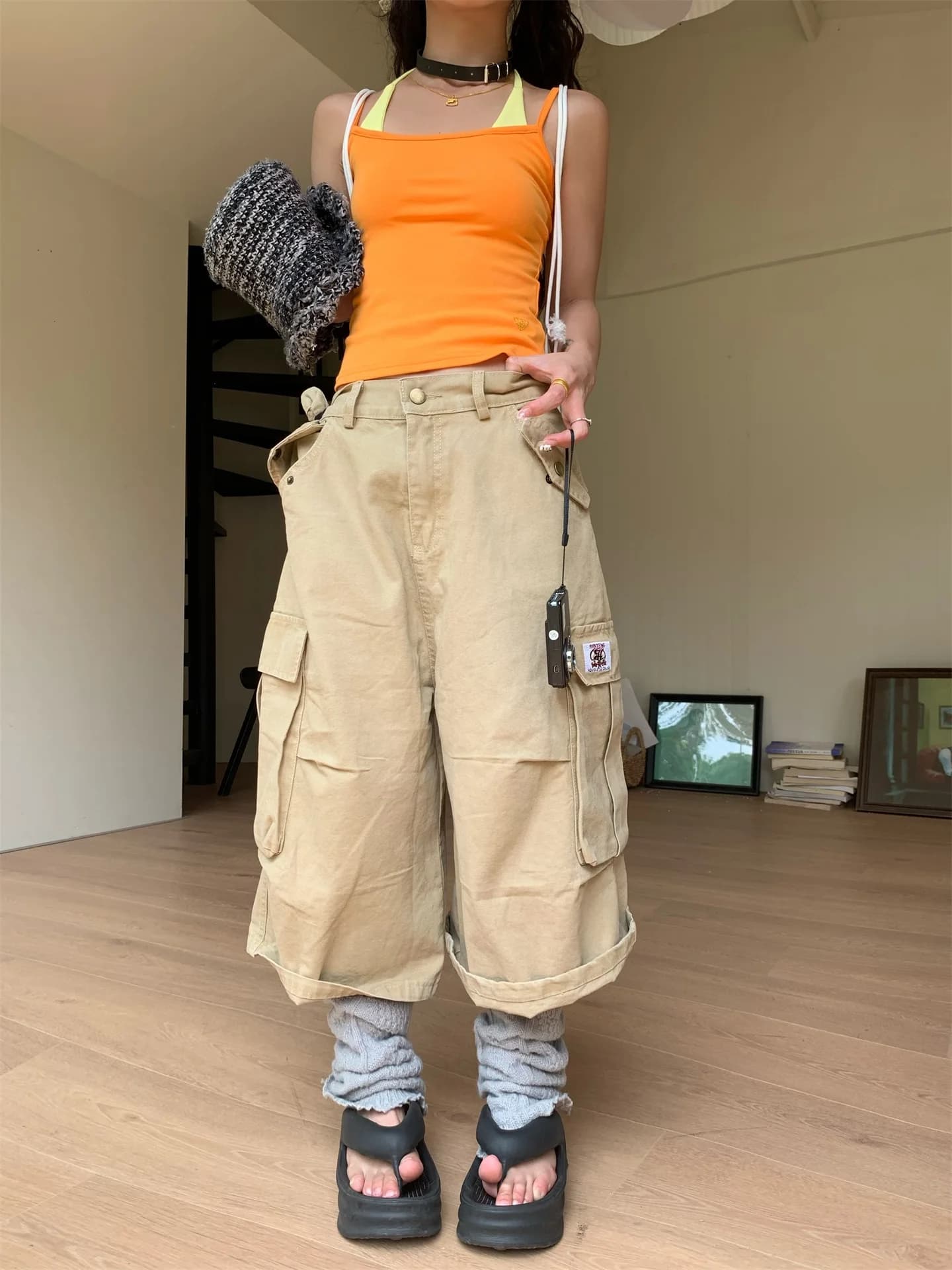 Pantaloni a Gamba Larga Stile Americano a Vita Alta, Shorts da Donna a Sette Quarti con Grandi Tasche, Versatili e Comodi