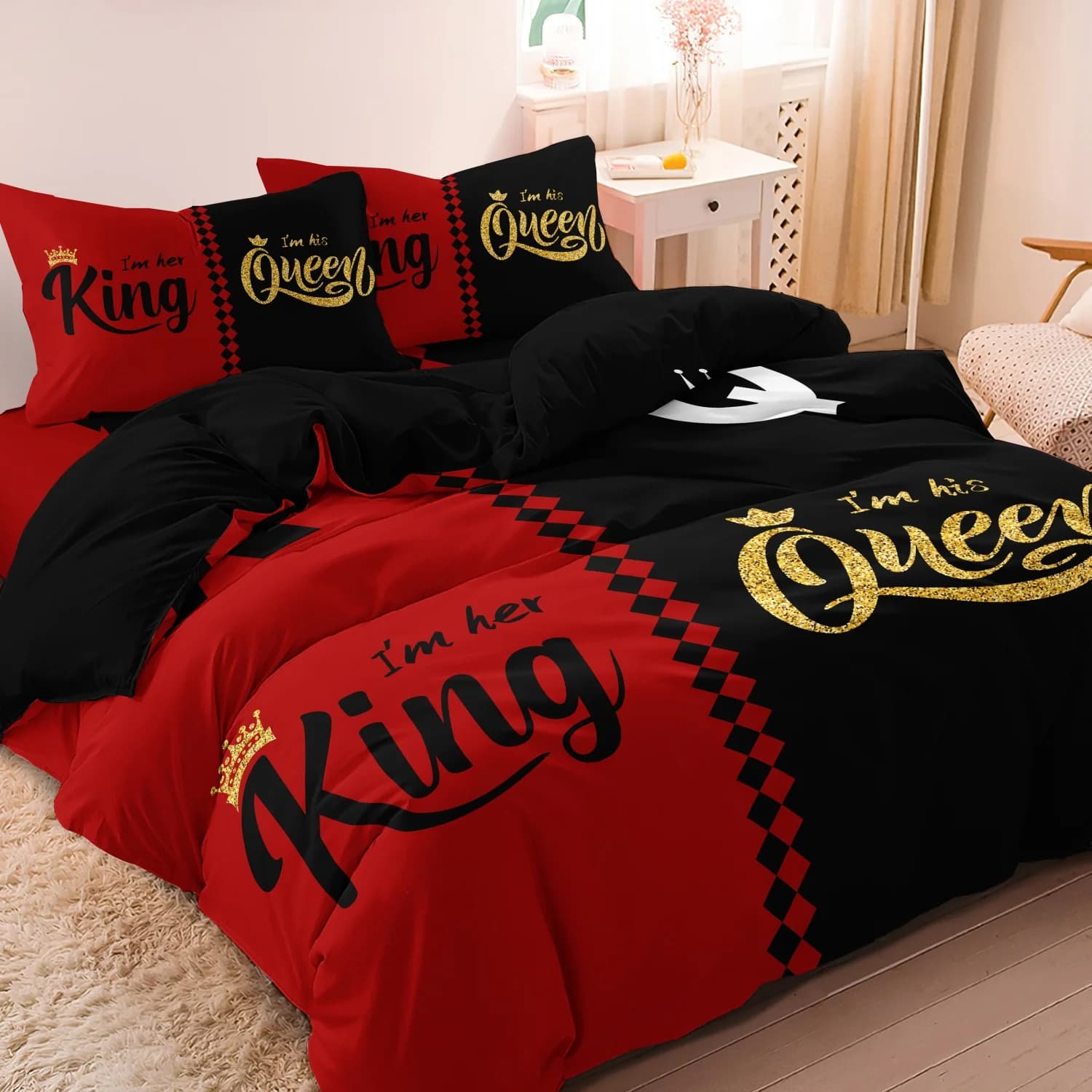 Set Copripiumino 3 Pezzi Rosso e Nero con Stampa Lettere Re e Regina, per Camera da Letto, Hotel, Scuola, Dormitorio, Ideale come Regalo per le Feste