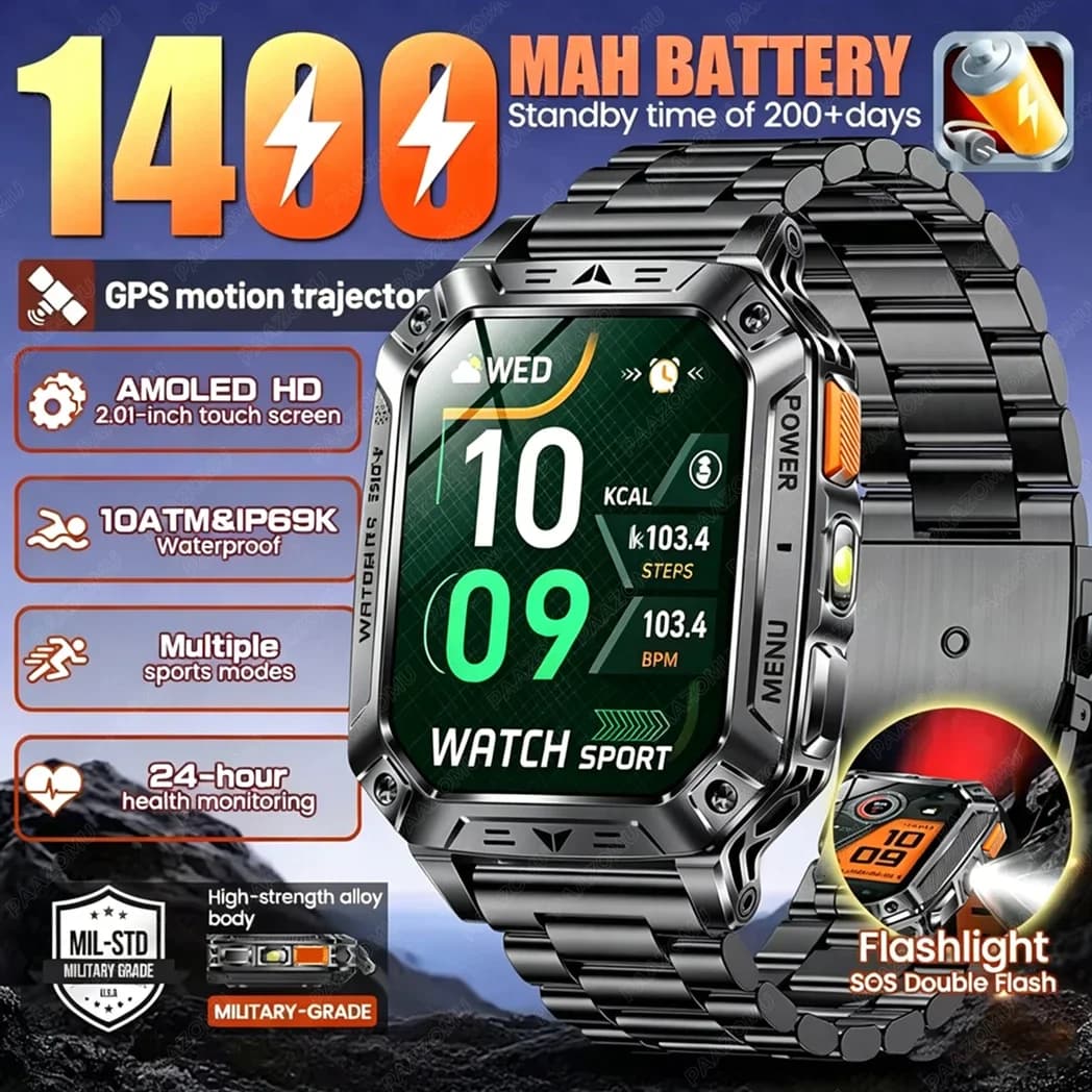 Nuovo Smartwatch Uomo 2026 con Batteria Integrata da 1400mAh, GPS per Esterni, Schermo AMOLED da 2.01'', Impermeabile 10ATM, Chiamate BT