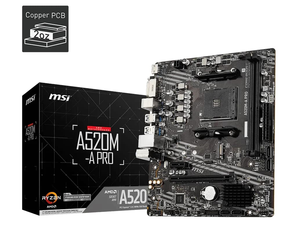 MSI A520M-A PRO Motherboard A520M Socket AM4 2x DDR4 64GB M.2 Micro-ATX support Ryzen 5700X 5600G 5300G 4500 3500 3900 cpu