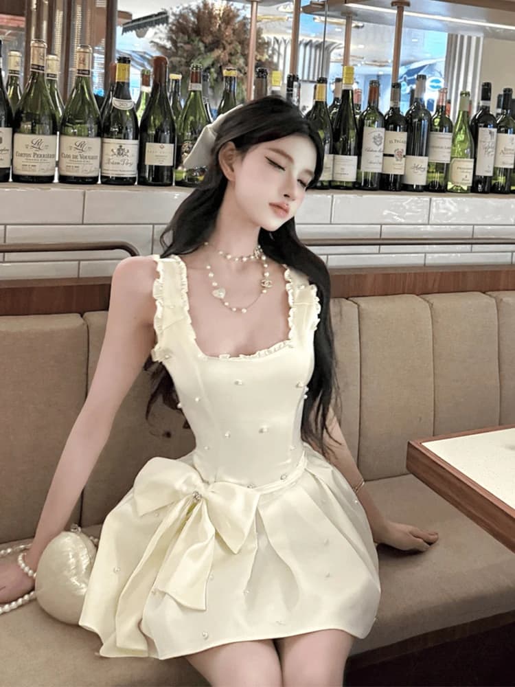 Elegant Pearl Princess Dress Women's Summer New Style A-Line Skirt Slimming Waist Tie Knot High Waist Short Dress