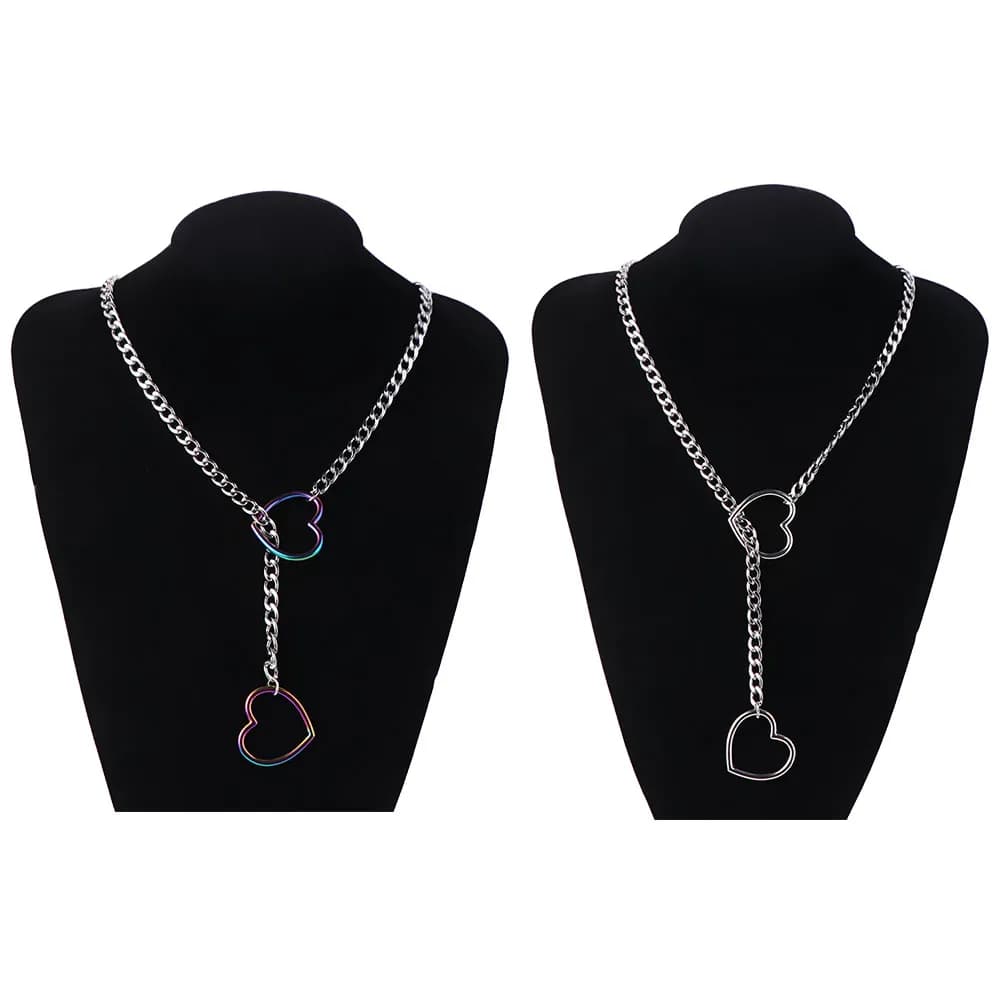 Collana a maglie cubane regolabile, lunga, a forma di cuore, stile punk rock, in acciaio inossidabile, con anello a O, catena per clavicola, per feste