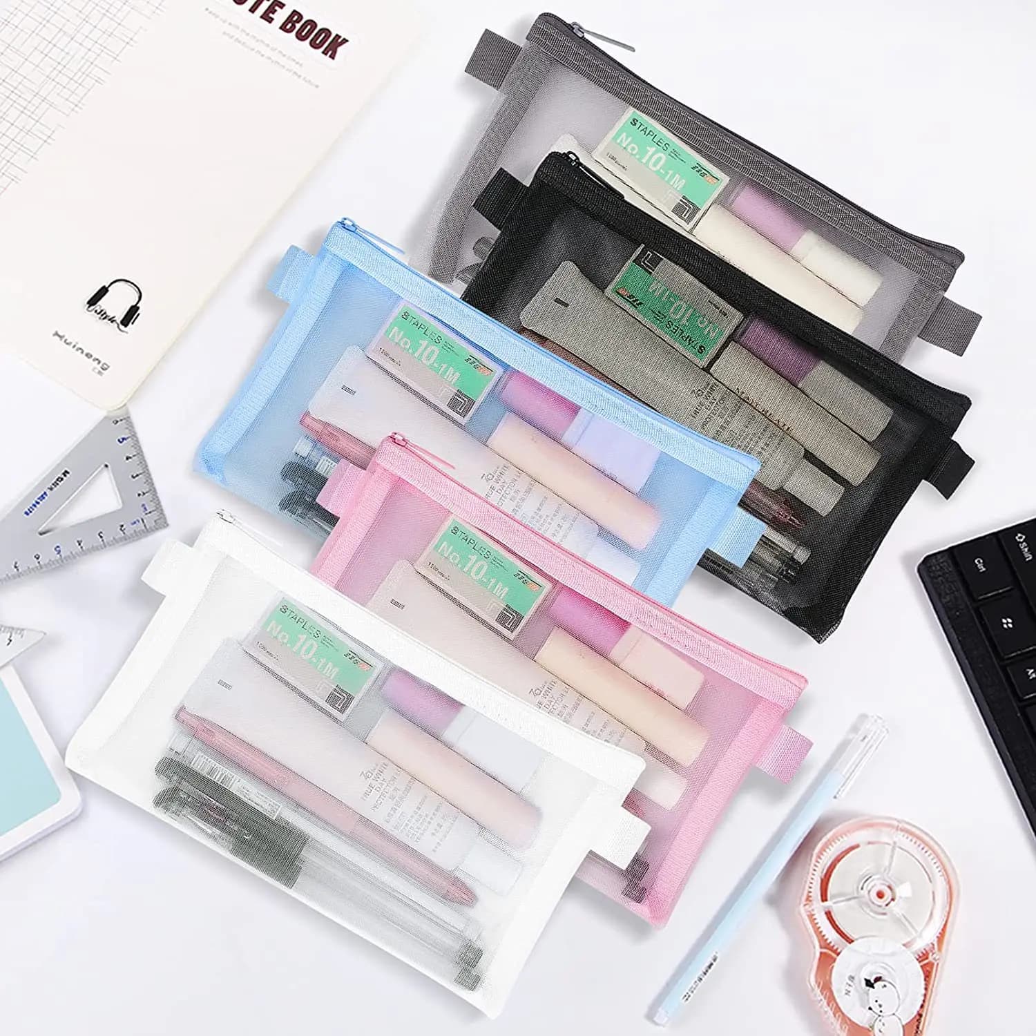 Makeasy Organza Pencil Case Set, Clear Durable Pen Carrying Case with Zipper Storage Pouch, Makeup Cosmetic Bag for Women(4PCS)