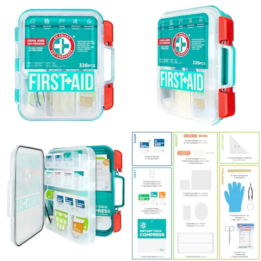 Kit di Pronto Soccorso Be Smart Get Prepared, Verde Acqua, 326 Pezzi, Conforme alle Linee Guida OSHA e ANSI per 100 Persone - Ufficio, Casa, Auto, Scuola