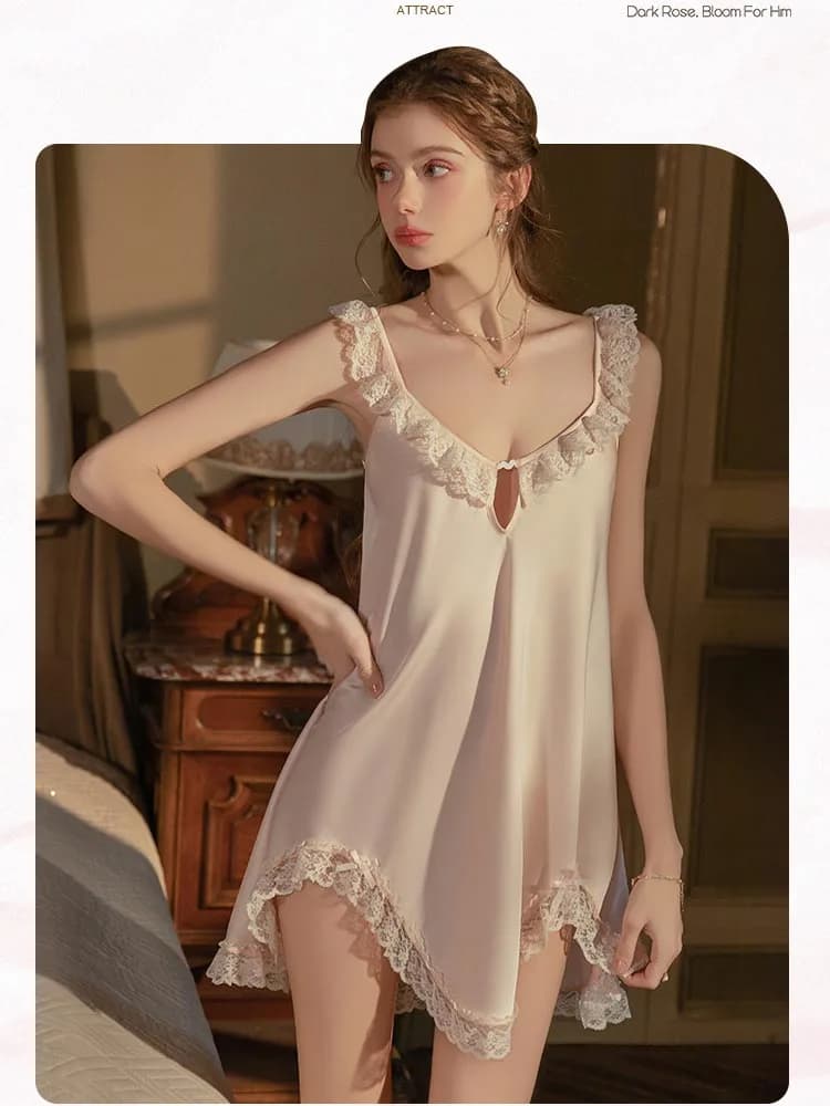 Magdalyn Women Sexy Irregular Lace Strappy Sundress Sleepwear Pajamas Nightgown Fashion Solid Loose Erotic Spaghetti Strap Dress