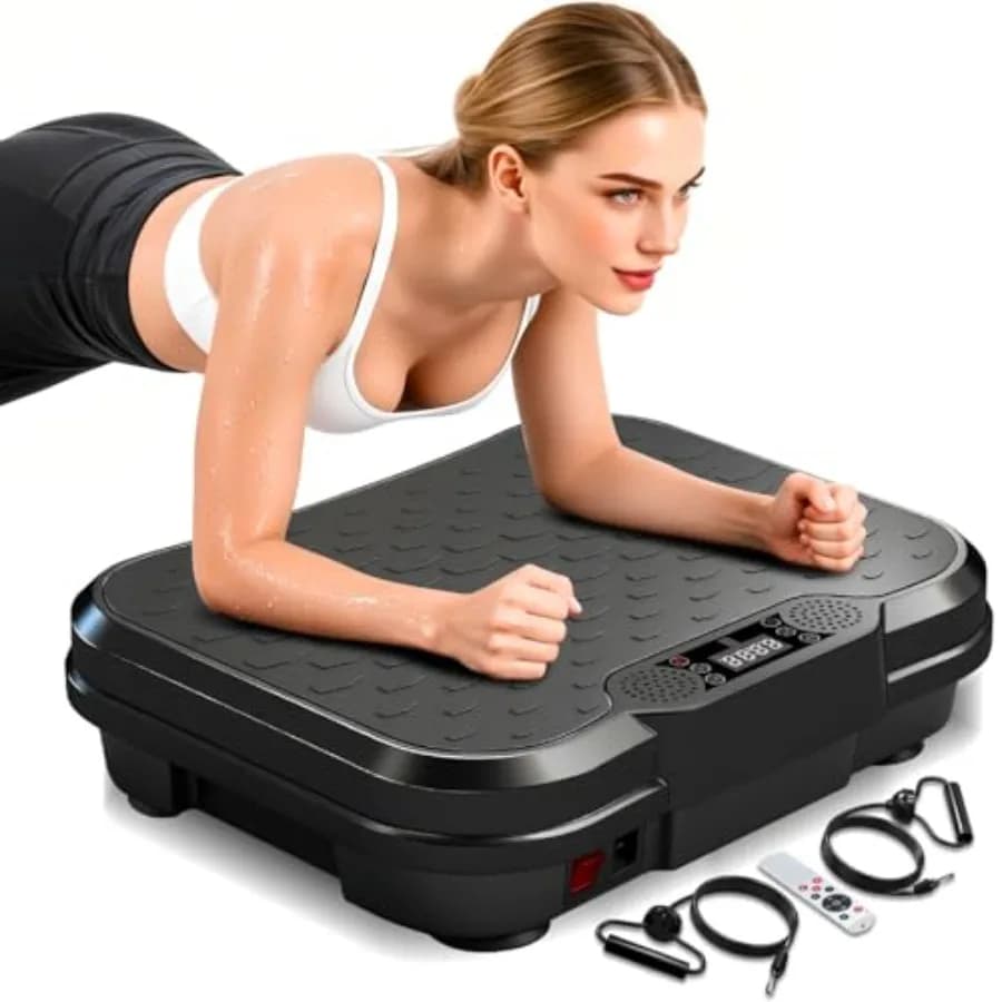 Home vibration plate exercise machine for lymphatic drainage and weight loss, curved steel platform in black, 400 lbs capacity