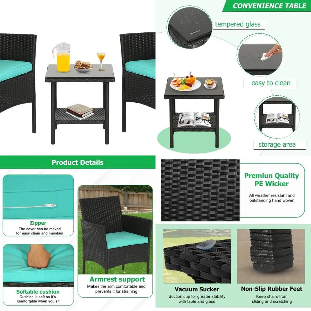 Patio bistro set: 2 wicker chairs with blue cushions and glass table for outdoor spaces