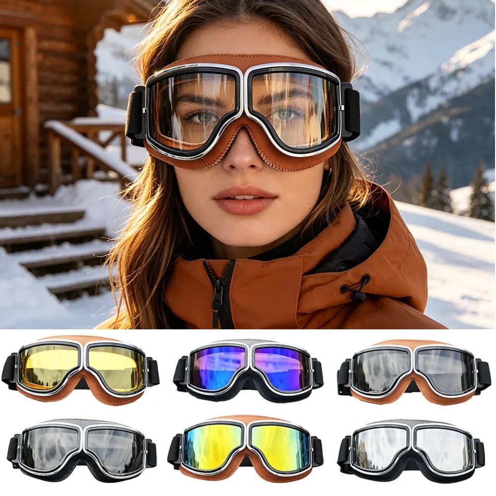 Retro Leather Motorbike Goggles Comfort Fit Adjustable Outdoor Eyewear for Off Road Dirt Bike Ski Adventure