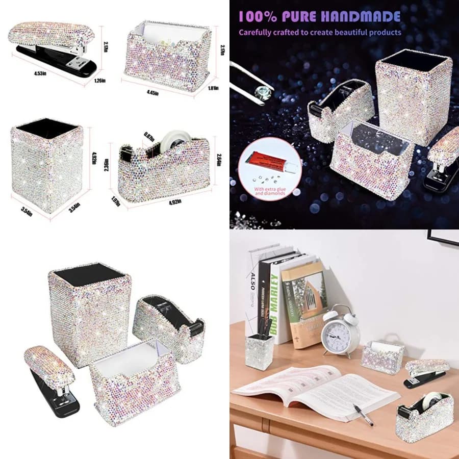 Portapenne, Graffettatrice, Porta Biglietti e Dispenser Nastro Adesivo da Scrivania Lusso Bling con Cristalli e Diamanti Fatti a Mano