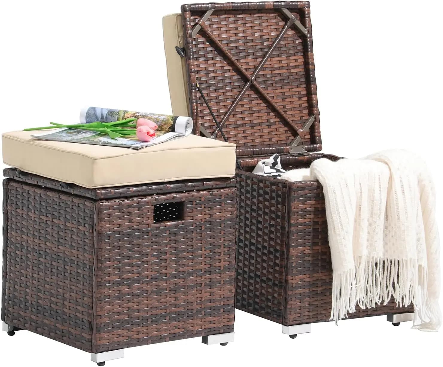 Set di 2 Pouf da Esterno, Poggiapiedi in Rattan PE Marrone Resistente alle Intemperie con Vano Portaoggetti, Seduta Poggiapiedi da Esterno con T
