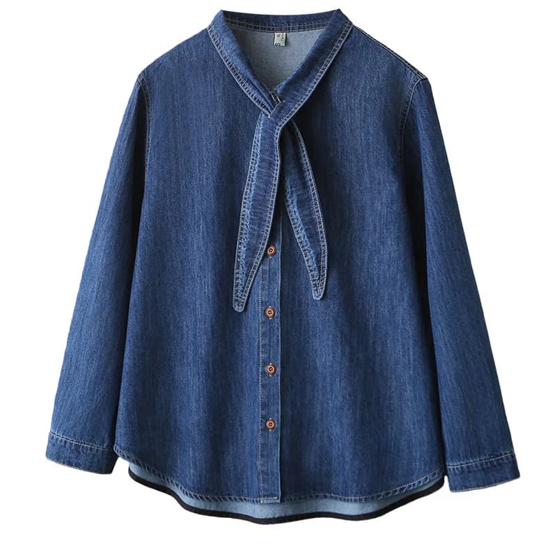 Women's Plus Size Denim Shirt with Fiocco Collection, Cardigan Spring 2026 Long Sleeves, Blusa Moda 988