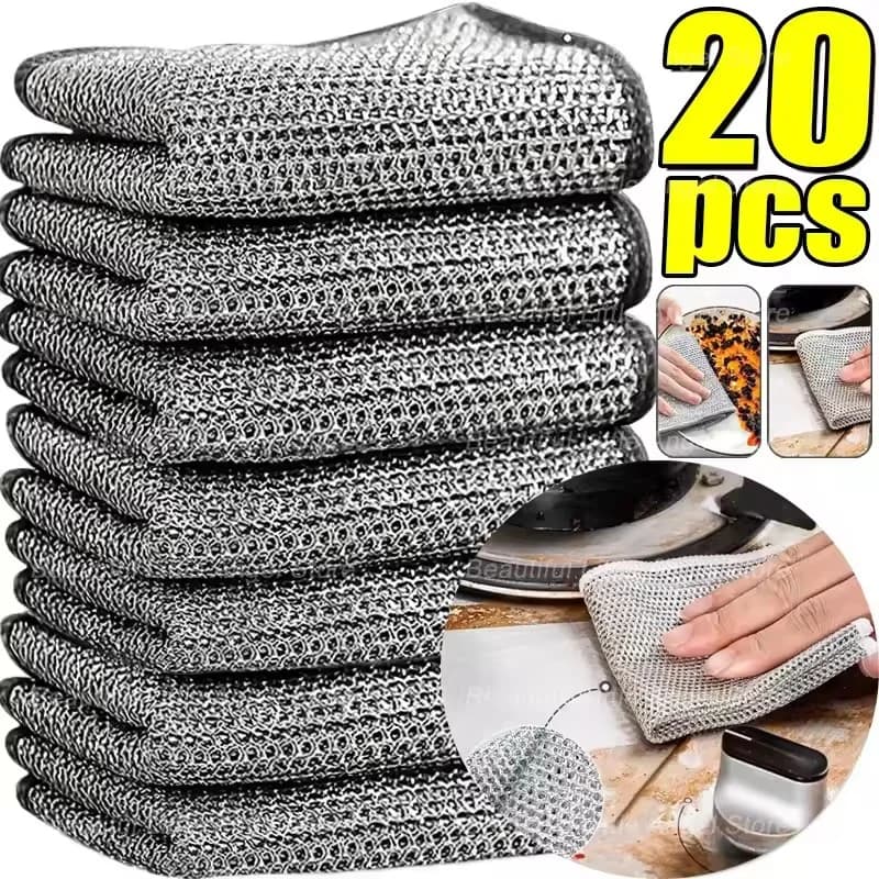 5/10/20Pcs Thickened Steel Wire Cleaning Cloth Non-Scratch Double-layer Iron Microfiber Mesh Dishrag Washing Pot Rags