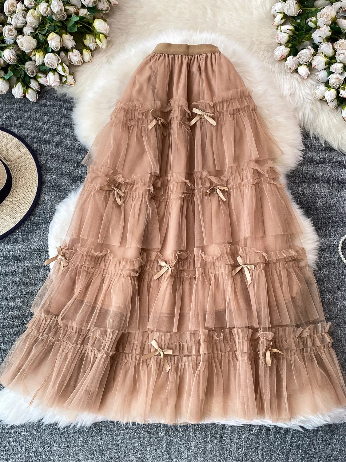 Elegante Gonna a Mezza Lunghezza in Tulle con Nodo, Stile Femminile Dolce e Paffuto, Adatta per il Lavoro, Vita Alta