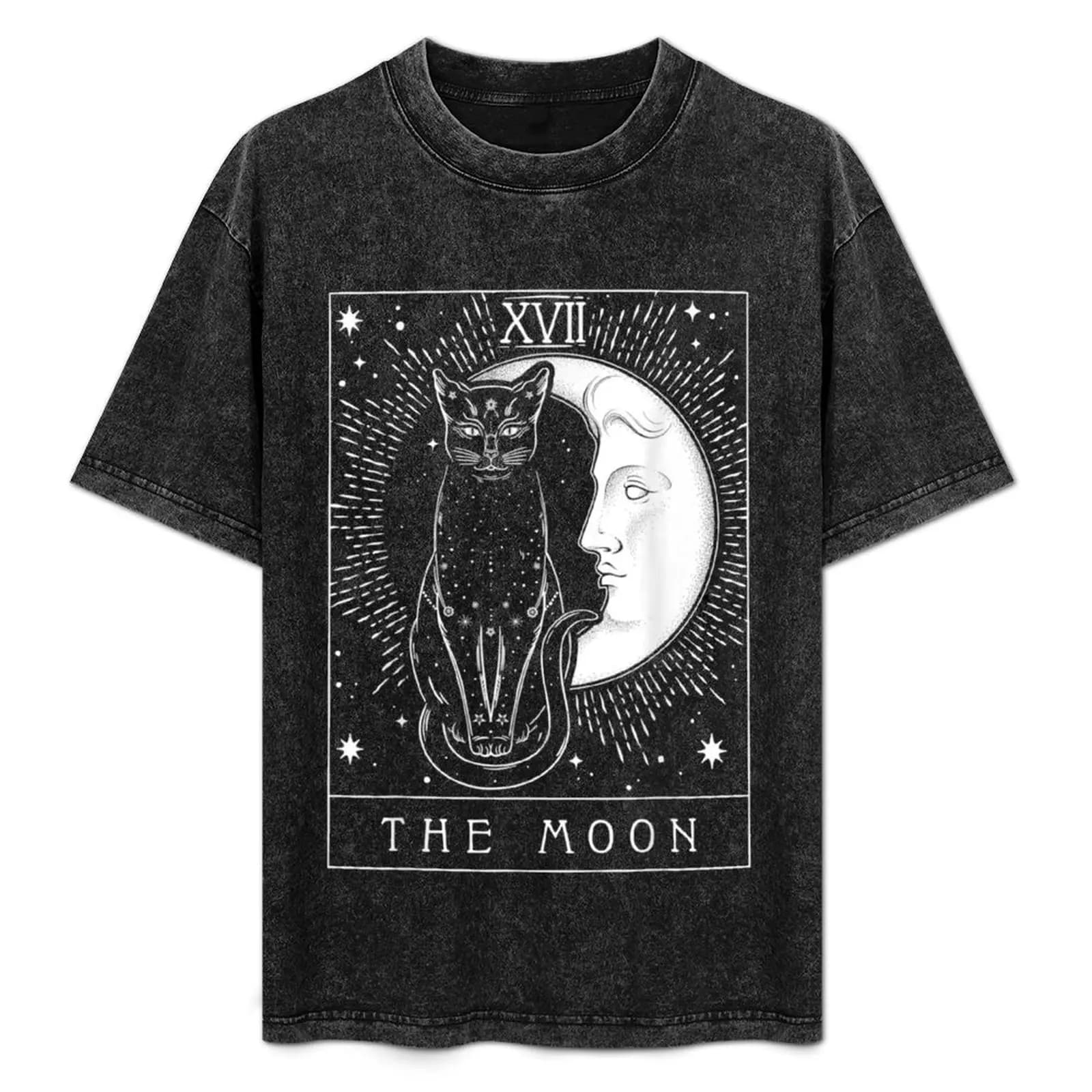 T-shirt con grafica a forma di luna crescente e gatto, stampa moderna, t-shirt casual