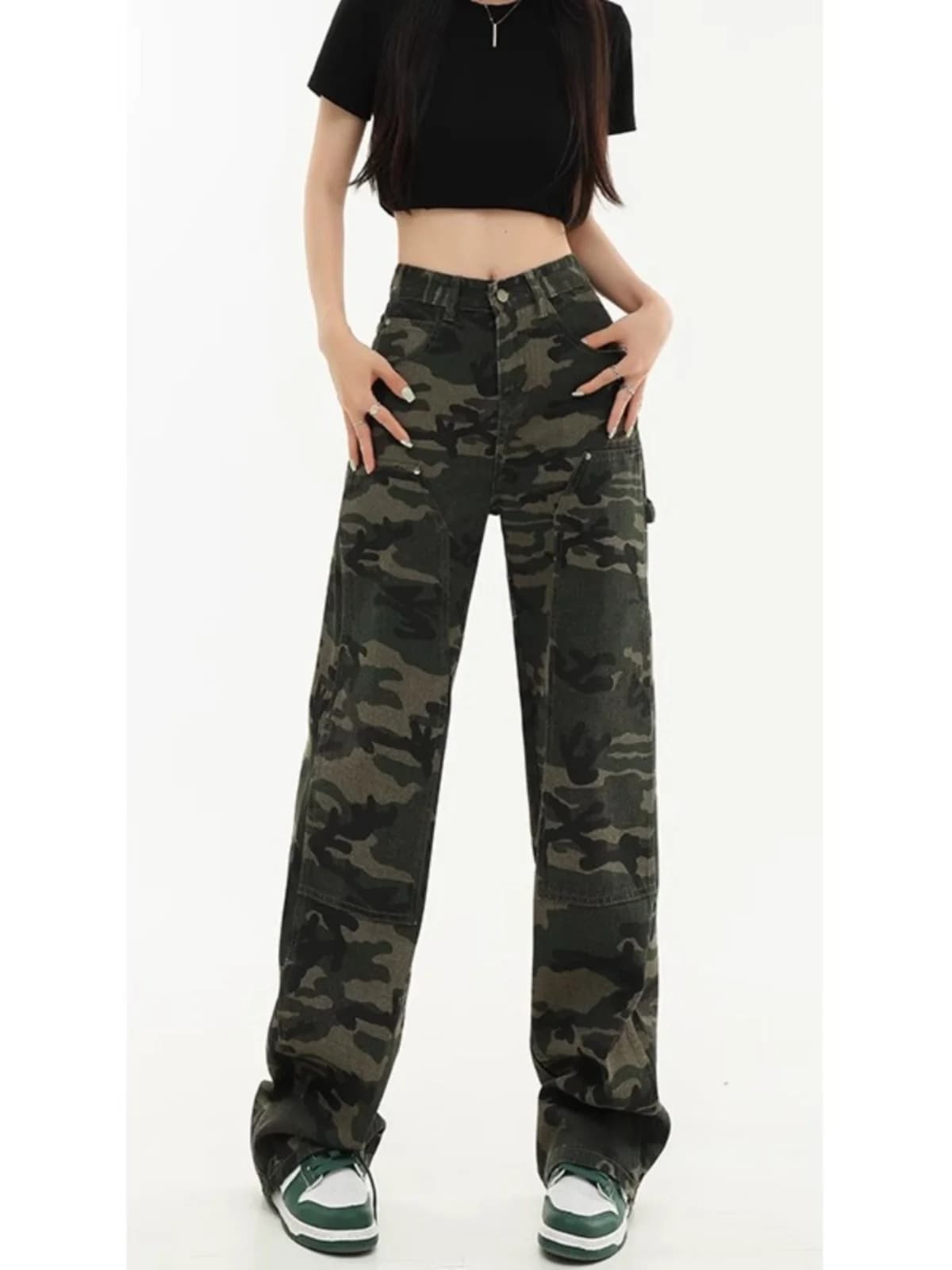 Camouflage Work Pants Women's High Waist Wide Leg Jeans Spring Autumn New Style American Retro Straight Cut Trousers