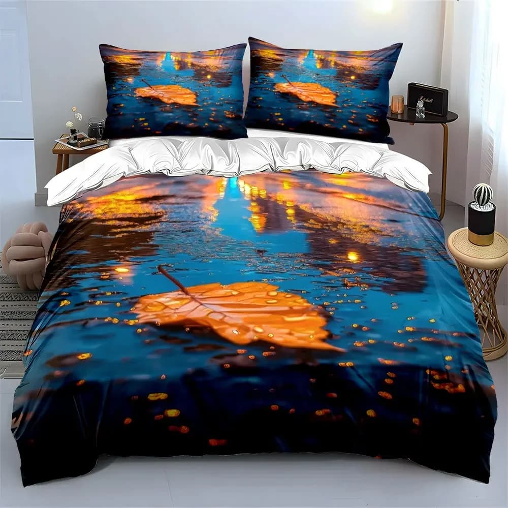 Set di biancheria da letto con decorazione a riflessi di foglie autunnali, con 1 copripiumino e 2 federe, singolo, matrimoniale, king, queen, regalo