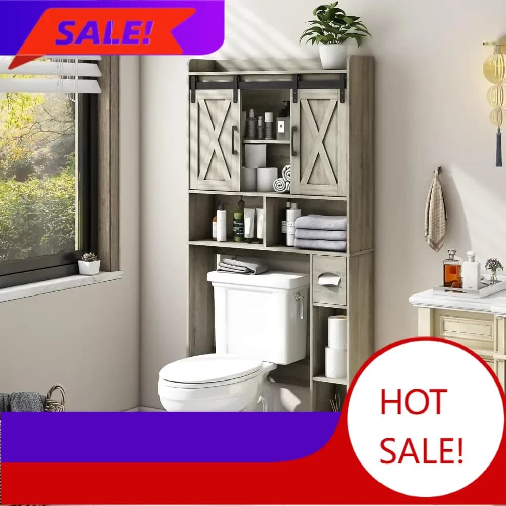 Mobiletto portaoggetti da bagno salvaspazio sopra il WC, stile rustico, con porta scorrevole e porta carta igienica - Offerta imperdibile!