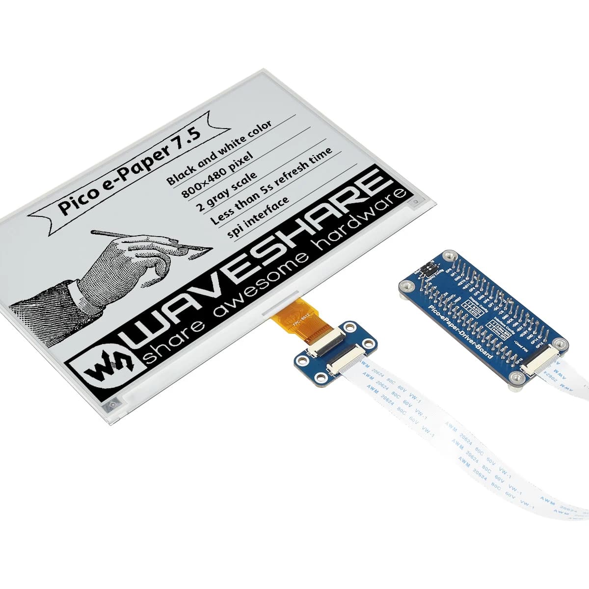 Modulo display E-Paper E-Ink Waveshare da 7,5 pollici per Raspberry Pi Pico 800X480 Nero/Bianco SPI, Pico-ePaper-7.5