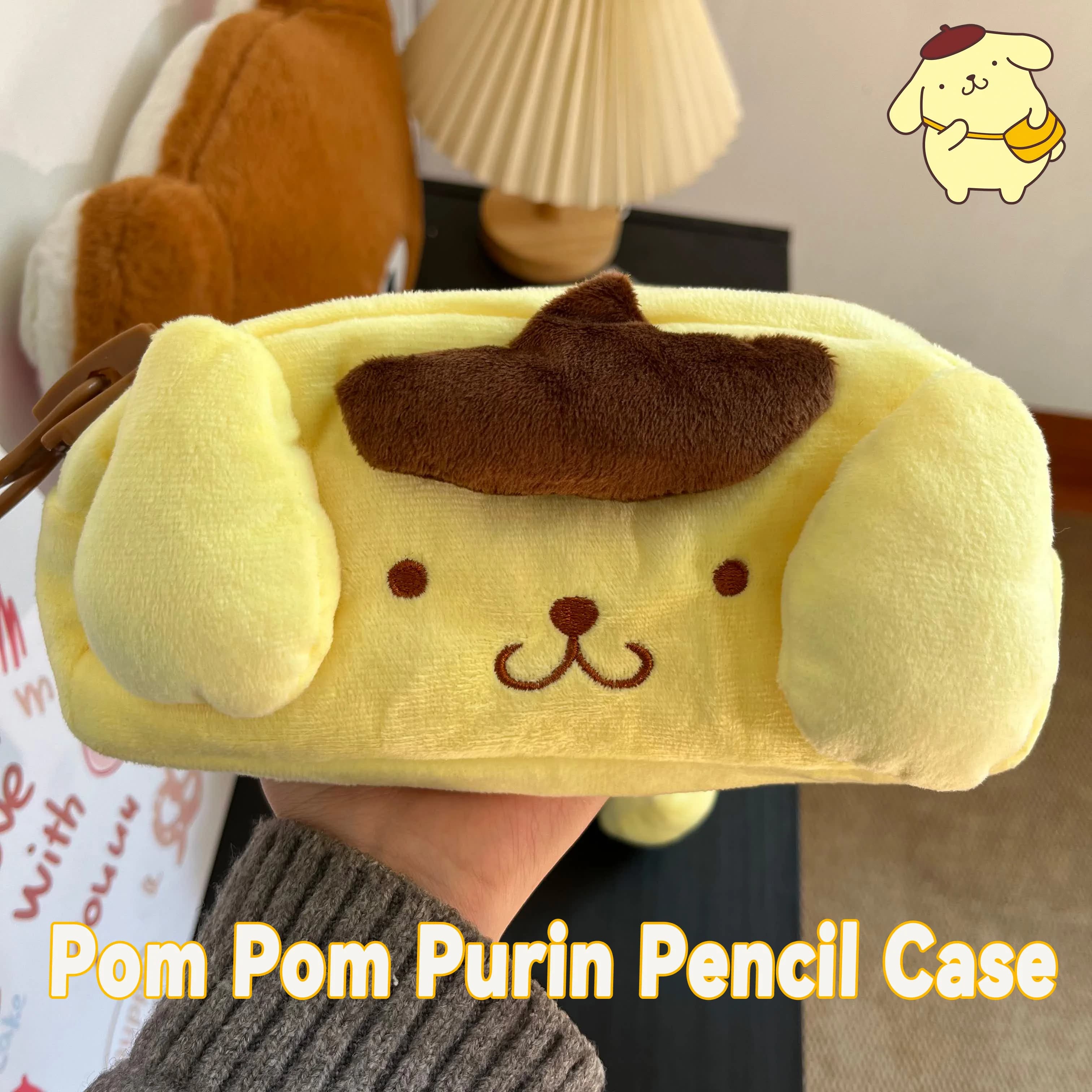 kawaii pom pom purin plush pencil case super large capacity zipper storage bag portable student stationery bag desktop organizer