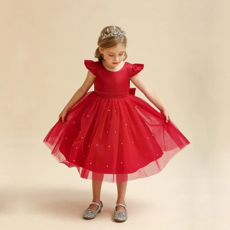 Kids Party Performance Dresses Girls Bow Banquet Puff Skirt Children Birthday Elegance Mesh Pearl Accents Gown 2-8 Years Old