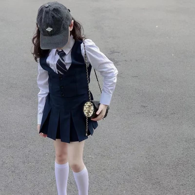 Children's Vest, Pleated Skirt, Half Skirt, White Shirt, Tie, Korean College Style Suit Fashionable Set