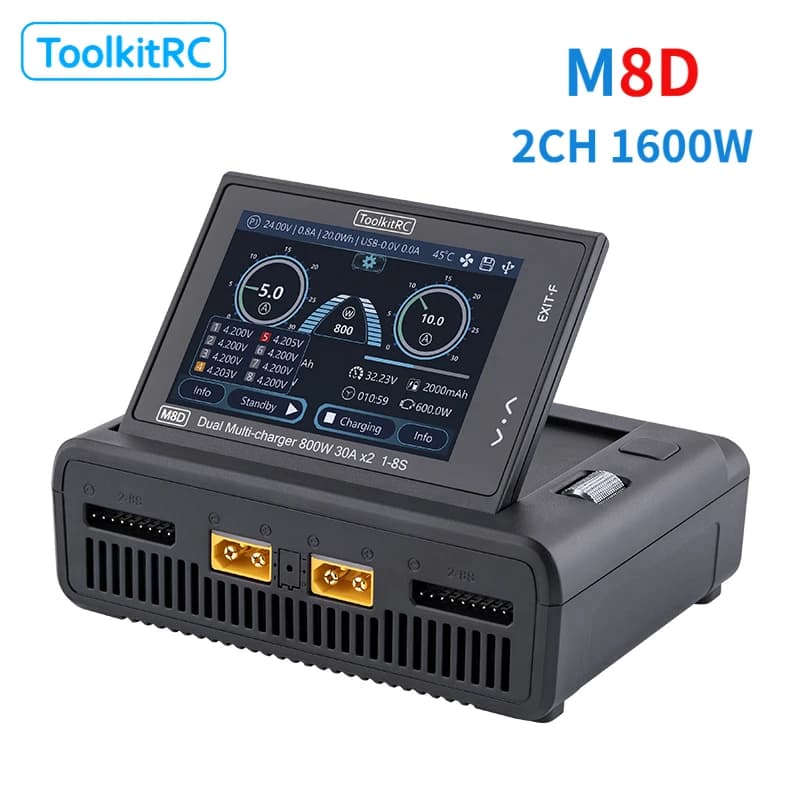 Caricabatterie ToolkitRC M8D per Auto RC, Droni e Modellini, Doppio Canale XT60 1-8S, Ricarica Rapida al Litio con Touchscreen