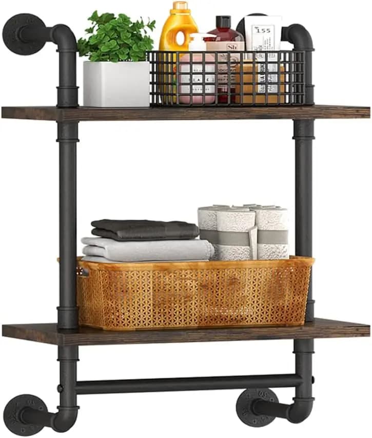 Mensola da Parete in Legno Rustico con Porta Asciugamani, Scaffale a 2 Ripiani per Bagno, Cucina, Soggiorno