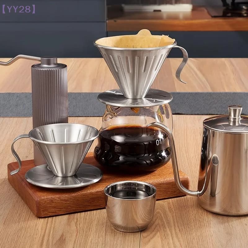 【YY28】Stainless Steel Pour Over Coffee Dripper Reusable Pour Over Coffee Maker Cone Metal Filter With Stand For Brewing{Y}