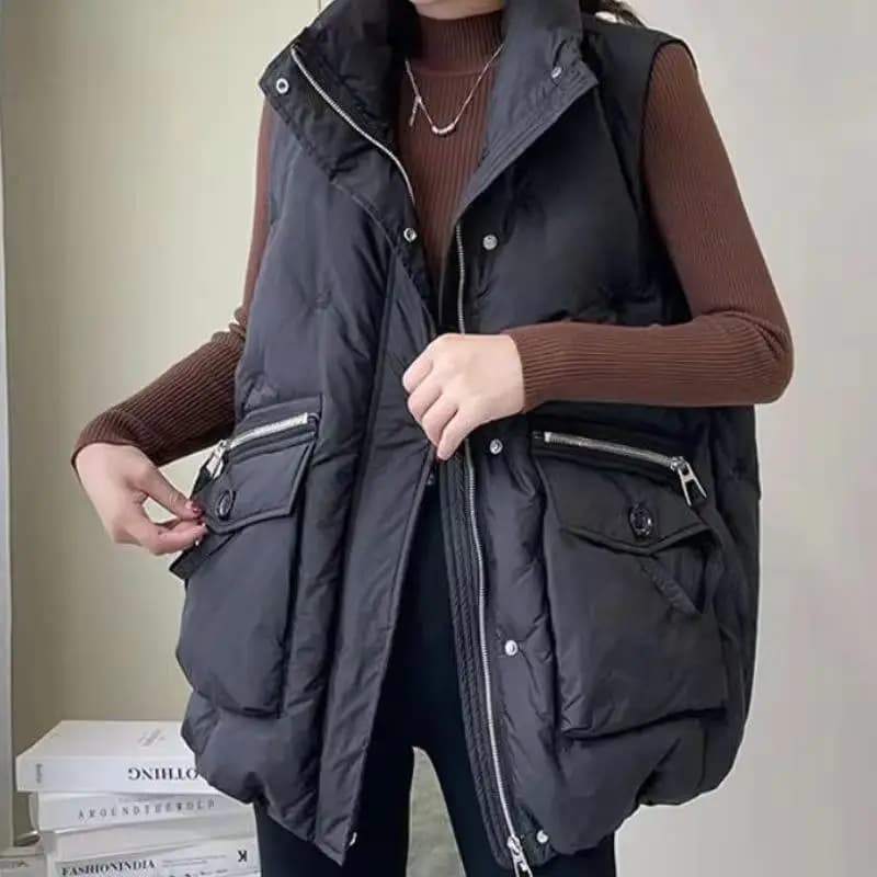 Winter Embroidery Cotton Vest Women Warm Coat Turn-down Collar Zipper Sleeveless Jacket Overcoat Loose Female Waistcoat