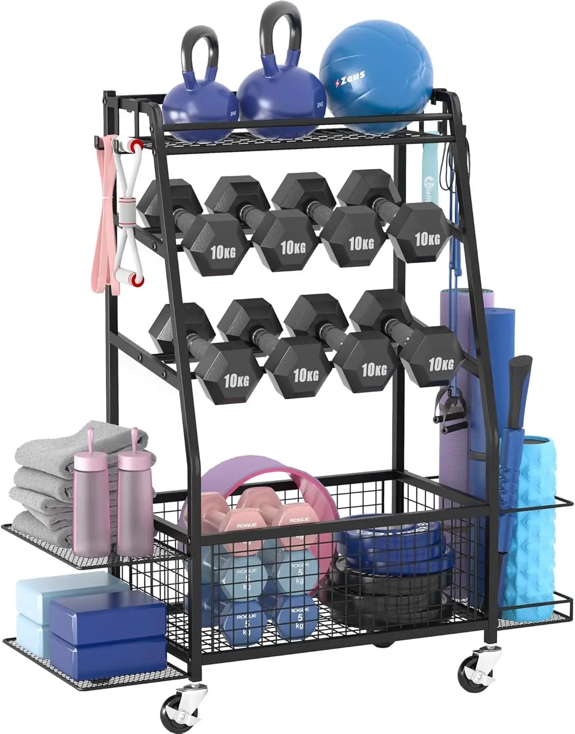 Handlebar weight holder with 4 wheels and double-sided storage for home gym organization