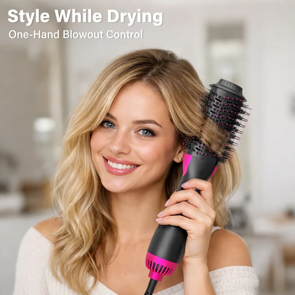 Professional Hot Air Brush with Double Seeds, Hair Dryer and Combs for Volume, Rhythm and Smooth with 360° Rotation