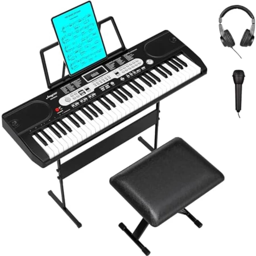 Home practice beginner electronic piano set: 61-key digital keyboard with stand, stool, microphone, headphones, sheet music res