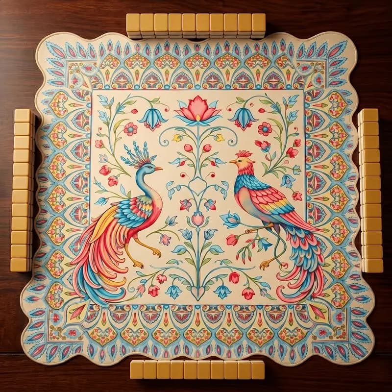 VIKAMA Retro Exotic Double Peacock Mahjong Mat, Non-Slip, Noise-Reducing Square Table Mat, Mahjong Table Game Home Decor