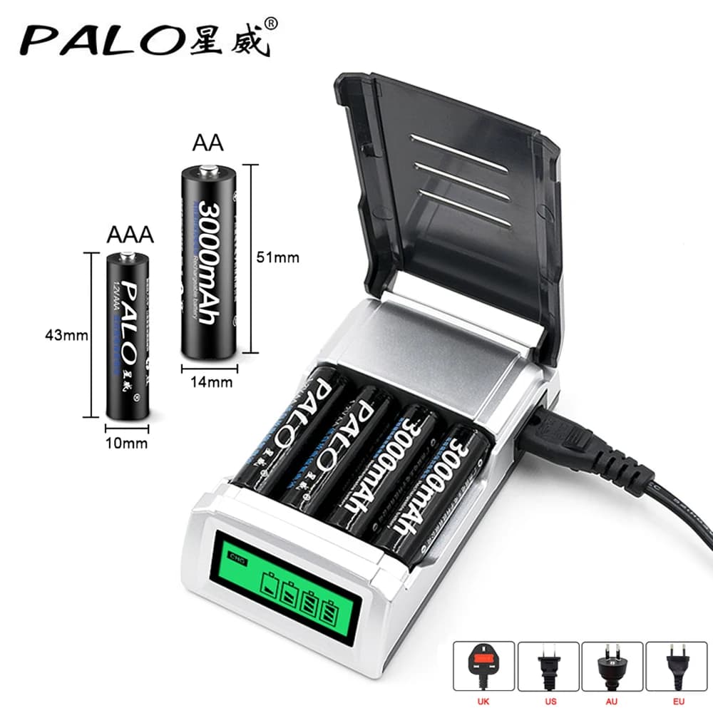 Caricabatteria con Display LCD intelligente a 4 slot PALO per batteria ricaricabile Ni-mh Ni-CD AA AAA da 1.2V 2A 3A