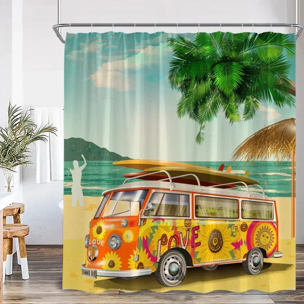 Tenda da doccia da campeggio Camper Viaggio Bus Spiaggia Albero di cocco Tavola da surf Azione esterna Decorazione del bagno Tenda da doccia per camper