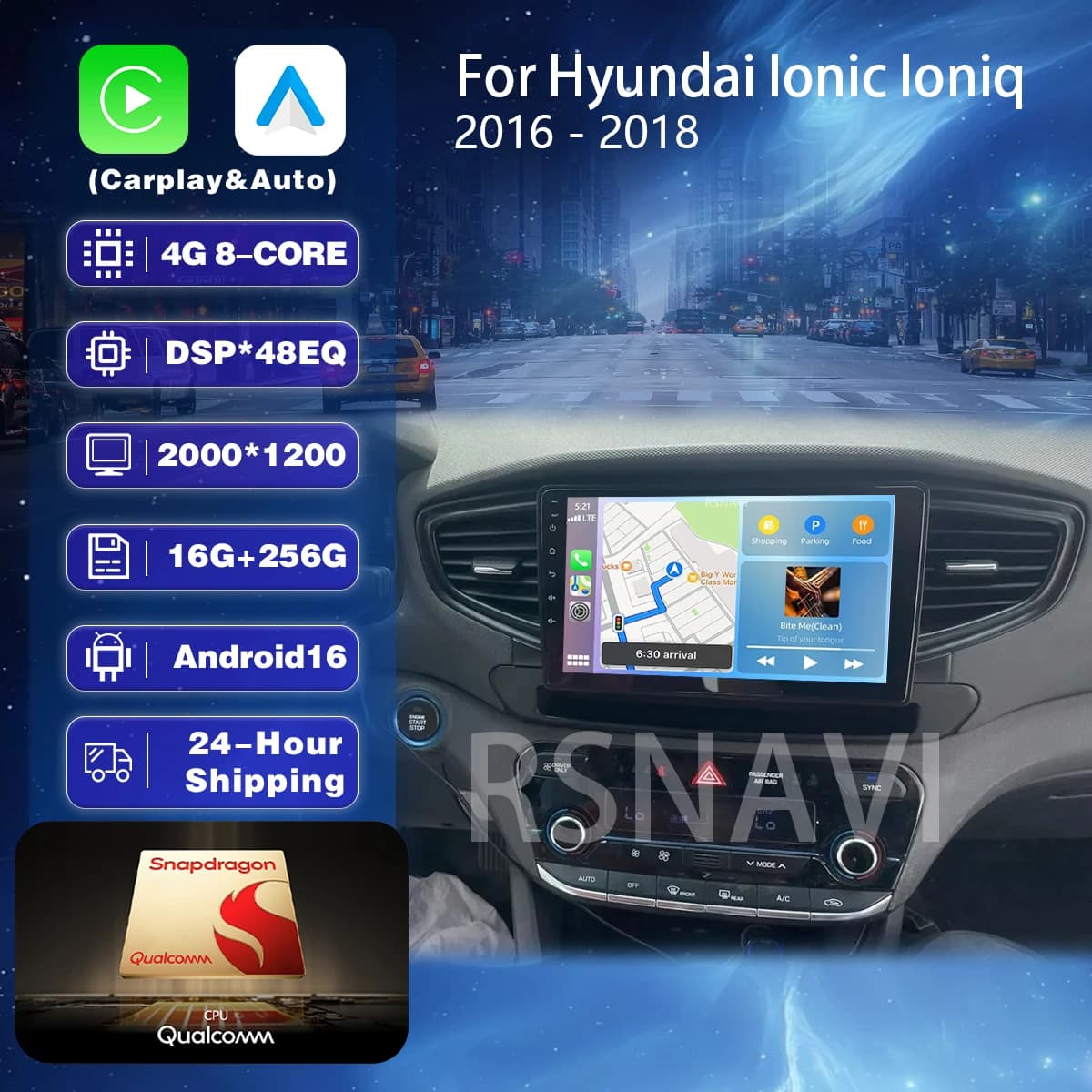 Autoradio Android 16 Carplay Auto Qualcomm Plug and Play per Hyundai Ioniq 2016-2018 con GPS, Stereo, Bluetooth, Wi-Fi e 4G