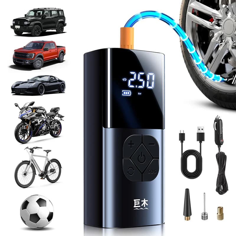 Compressore d'aria portatile a doppia alimentazione per auto, gonfiatore wireless per pneumatici con display LCD digitale per auto, moto, biciclette e palloni