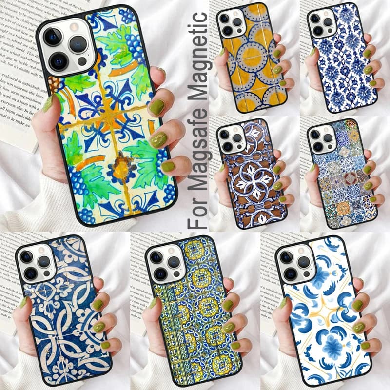 Custodia morbida per telefono con piastrelle portoghesi per iPhone 17 Air 16e Pro max 15 Pro 13 14 Plus 11 12 MagSafe Coque magnetica