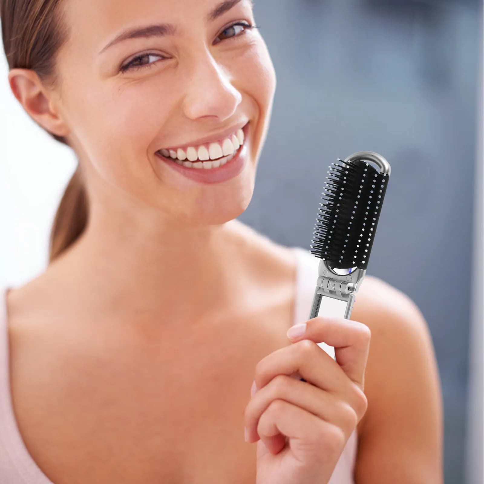 Specchio pieghevole con pettine, spazzola compatta da viaggio, strumento portatile per districare e acconciare i capelli, per donne, per ritocchi di trucco e da viaggio