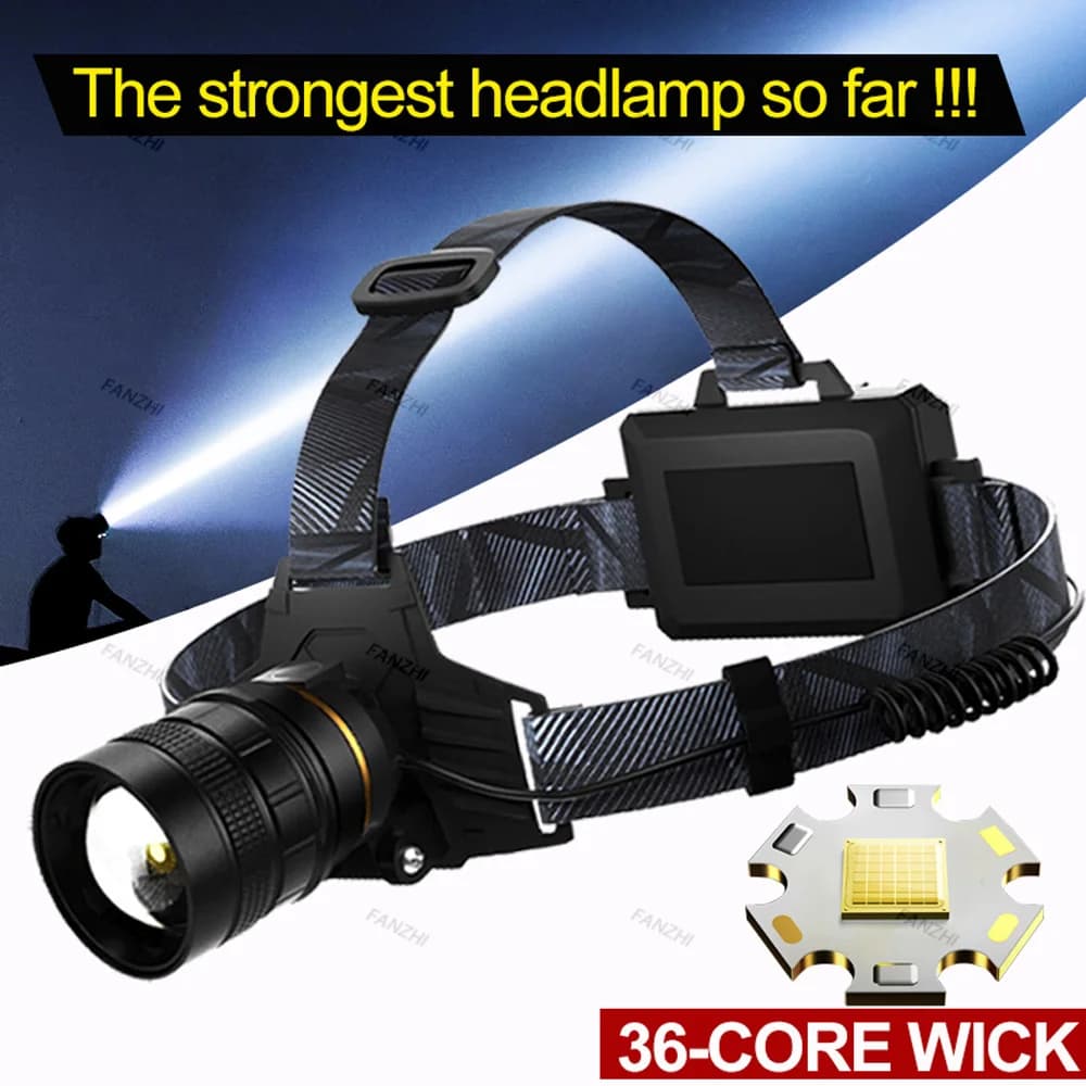 La più potente torcia frontale XHP360 a 36 core 18650 torcia frontale ricaricabile con ZOOM lampada frontale ad alta potenza faro da pesca