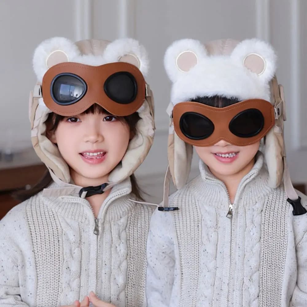 Simpatici occhiali invernali per bambini Cappello integrato Berretto di protezione per le orecchie caldo foderato in pile Cappello da sci antivento per ragazzi e ragazze