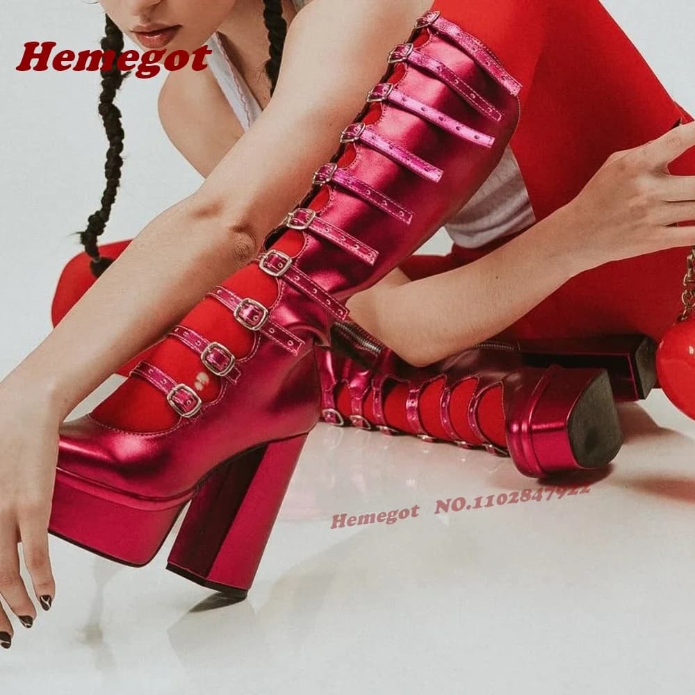 Laser Multi-Buckled Knee High Boots Platform Cut Out Glossy Sandal Boots Chunky Heels Side Zipper Lolita Shoes Elegant Cute