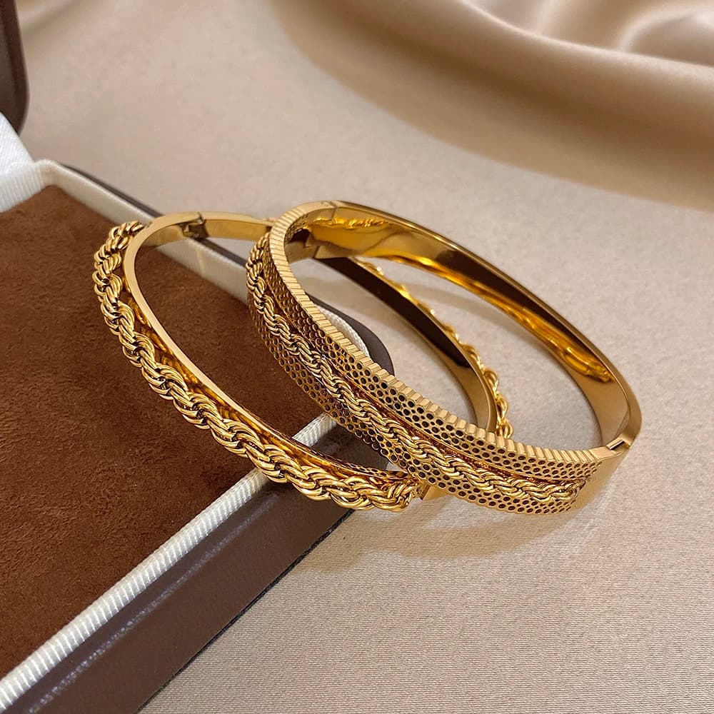 316L Stainless Steel Twisted Chunky Cuff Bracelet Bangle Fashion Gold-plated Waterproof Stacked Jewelry Women's Men Gifts