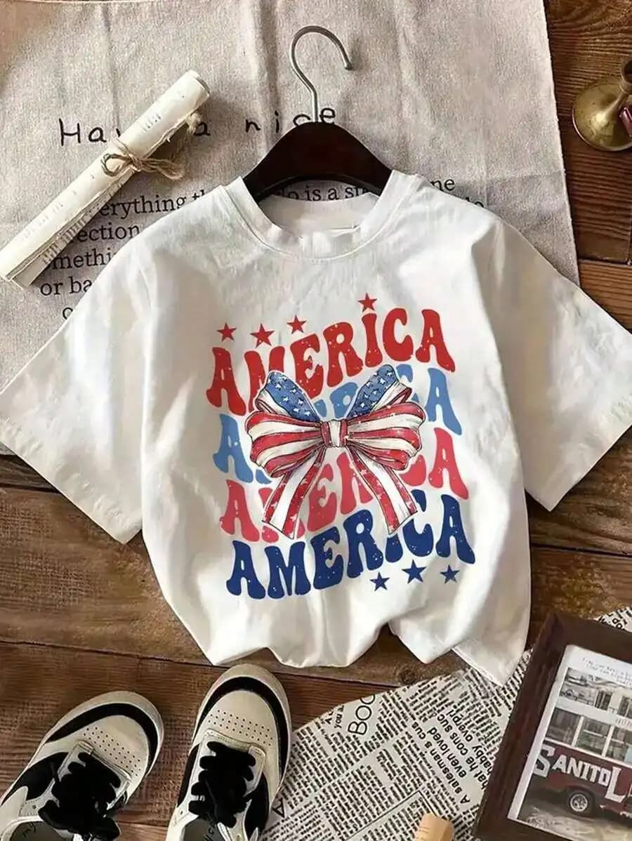 Patriotic Bow Print Women Short Sleeve Round Neck T-Shirt Loose Comfortable Summer Top