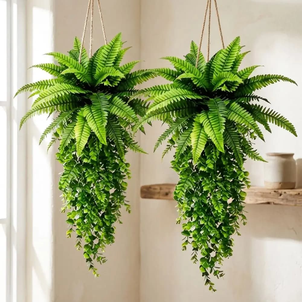 Plastic Artificial Persian Fern Leafs UV Resistant Realistic Artificial Fern Hanging Plant Real Touch Wall Mount
