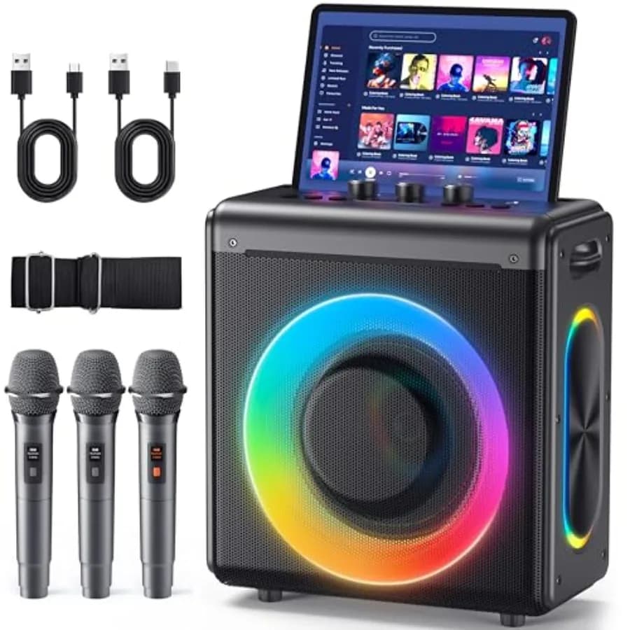 Karaoke Machine with 3 Wireless Rechargeable Microphones: Portable Bluetooth Speaker for Adults and - PA System with Lights Sup