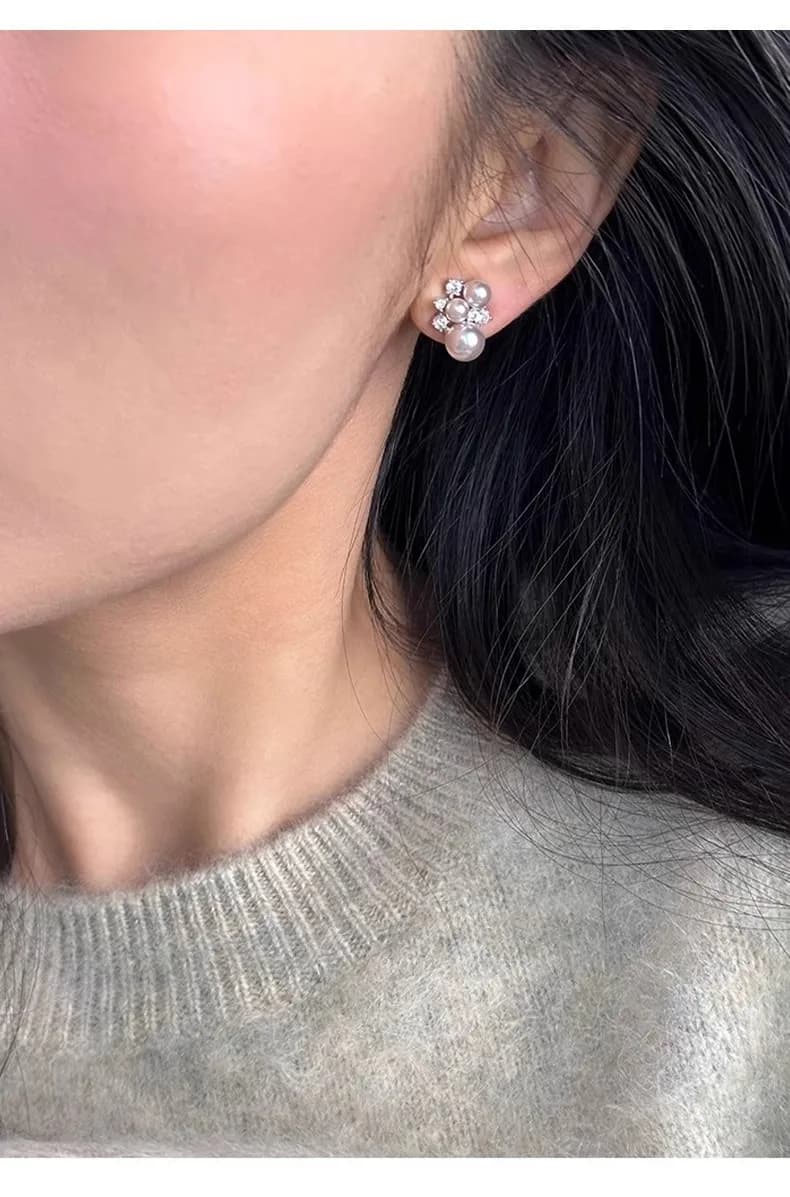 Silver Plated Cluster Pearl Stud Earrings, Multi-Size Imitation Pearl With Paved Clear Zircon, Elegant Floral Ear Jewelry for Women Wedding Daily Party Gift